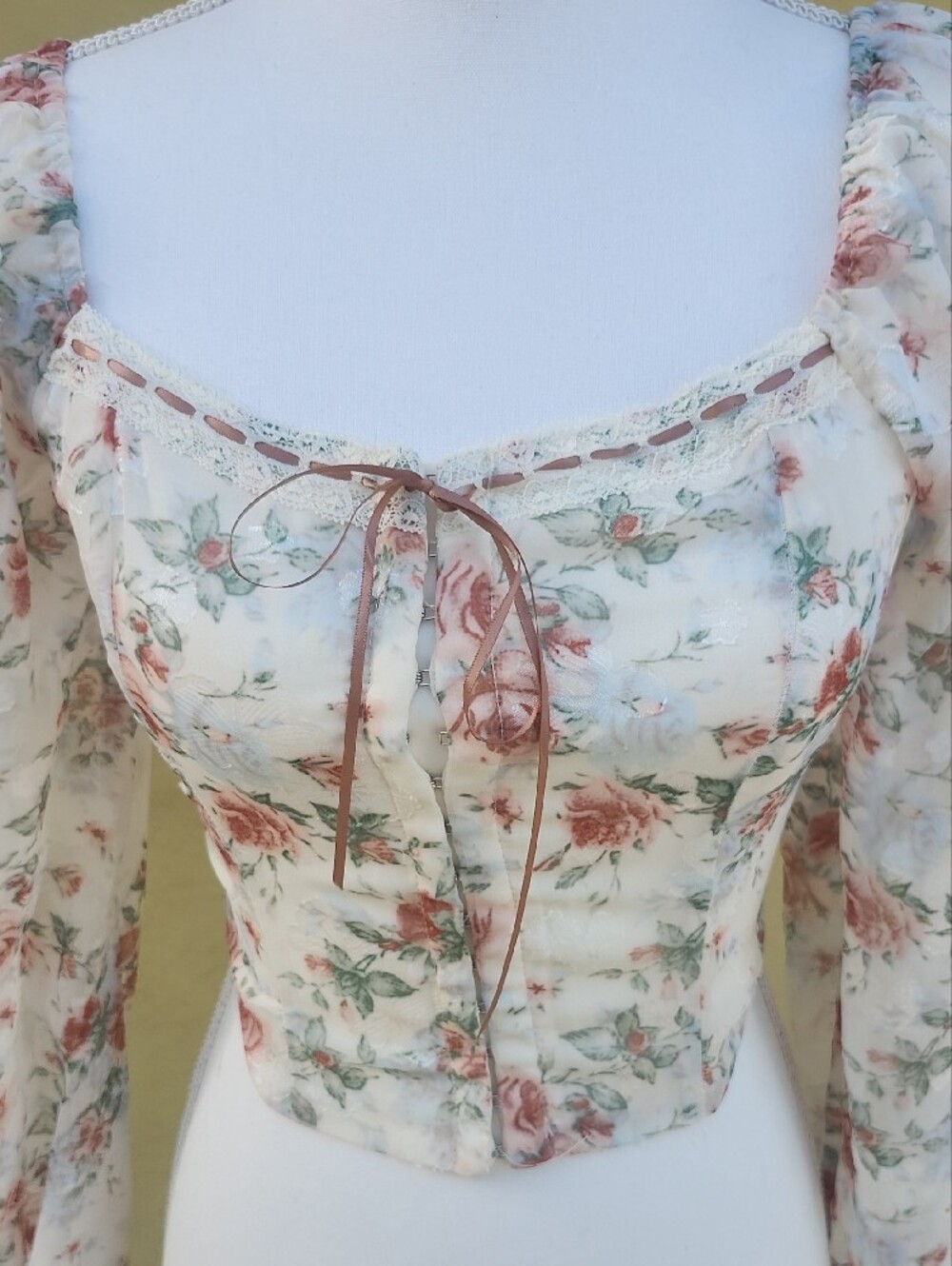 Altar'd State Cream Floral Booho Tie-Front Puff Sleeve Top - Picture 3 of 14